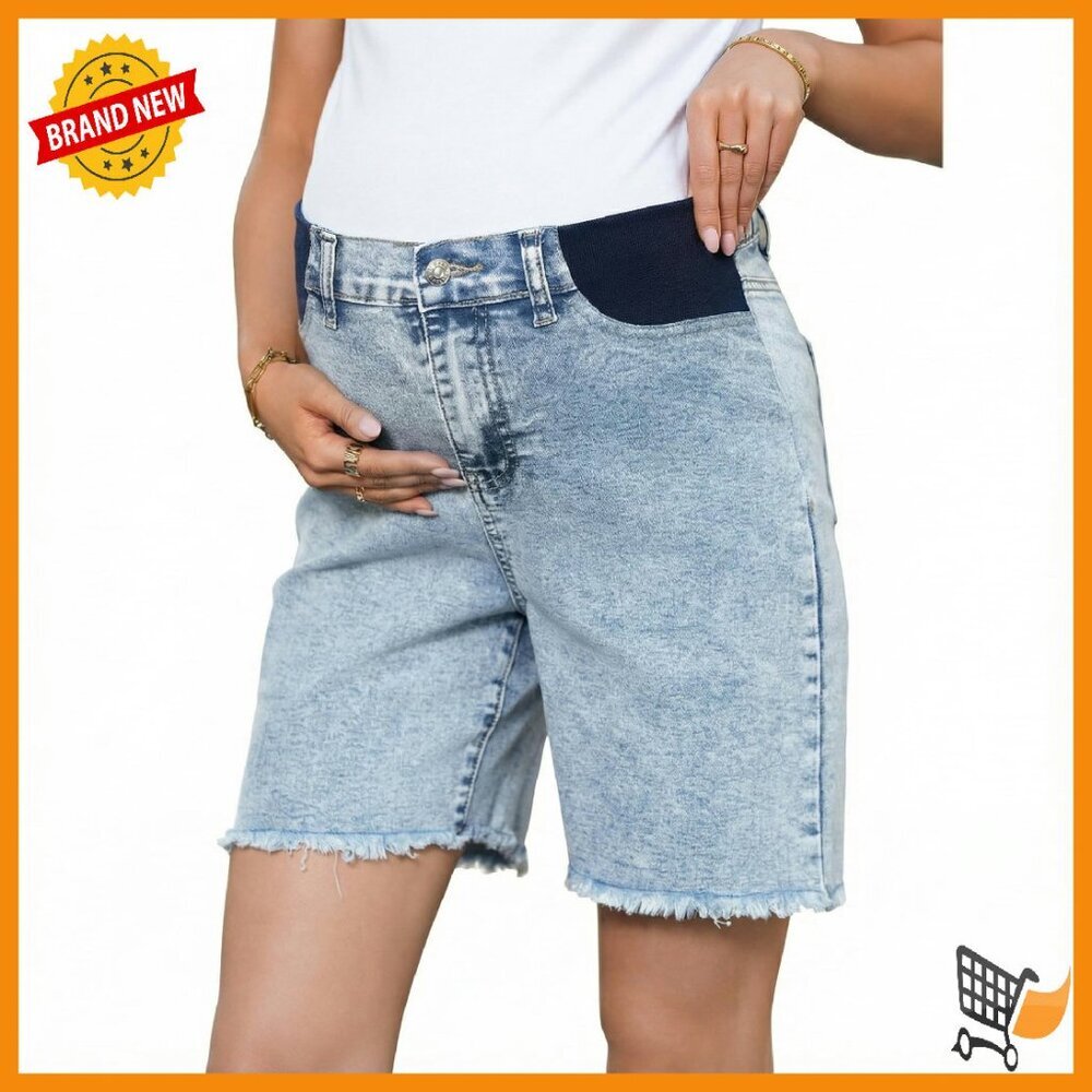 Maternity Denim Shorts Wide Leg Stretchy Plus Size Frayed Hem
